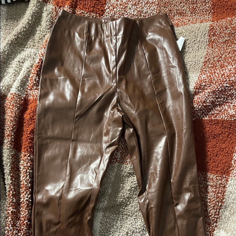 brown faux leather straight leg pants w/ slit small